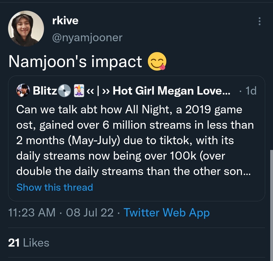 nyamjooner's tweet photo. BLOCKED ME BECAUSE I SAID NAMJOON'S IMPACT ??? 😭 https://t.co/DoSYn714k2