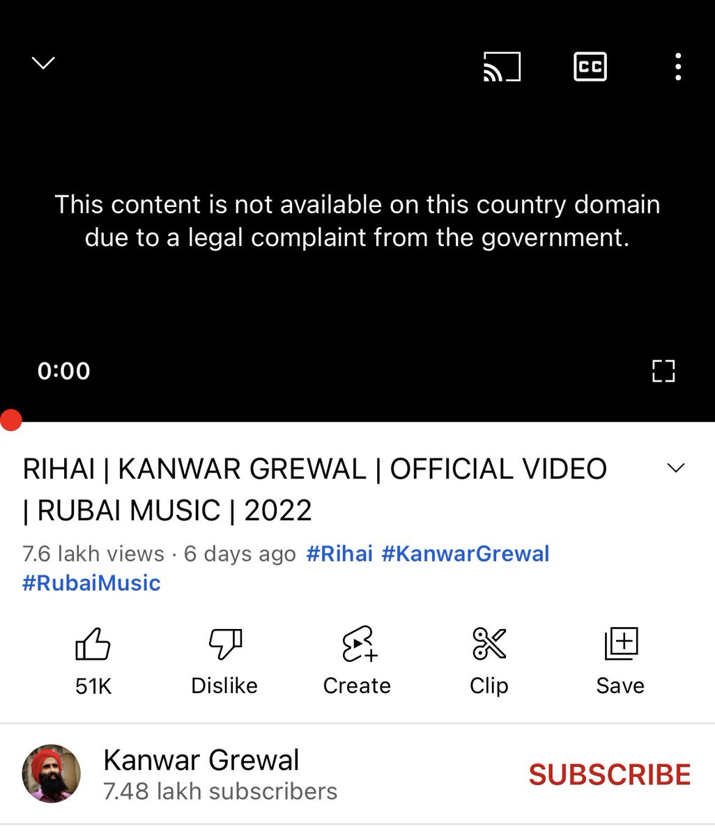 parteekmahal's tweet photo. After #SidhuMooseWala's SYL, YouTube bans Punjabi Singer Kanwar Grewal’s song ‘Rihai’, which was advocating release of ‘Sikh Prisoners’, in India due to legal complaint from the central government. https://t.co/bQs4XzCnyT