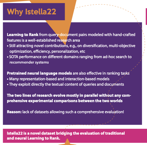 macavaney's tweet photo. @_XiaoWang_ @craig_macdonald @iadh Next, with Domenico Dato, @fmnardini, @raffaele_perego, and @ntonellotto, we introduce the Istella22 dataset, which facilitates a fair comparison between neural and traditional learning-to-rank systems.

https://t.co/QjvbMNM5Vs https://t.co/ASniBNKYQd