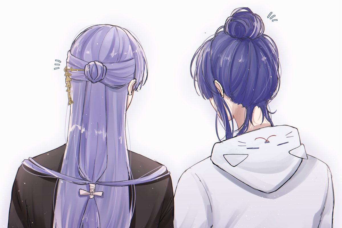 multiple girls hair bun long hair 2girls facing away hood from behind  illustration images