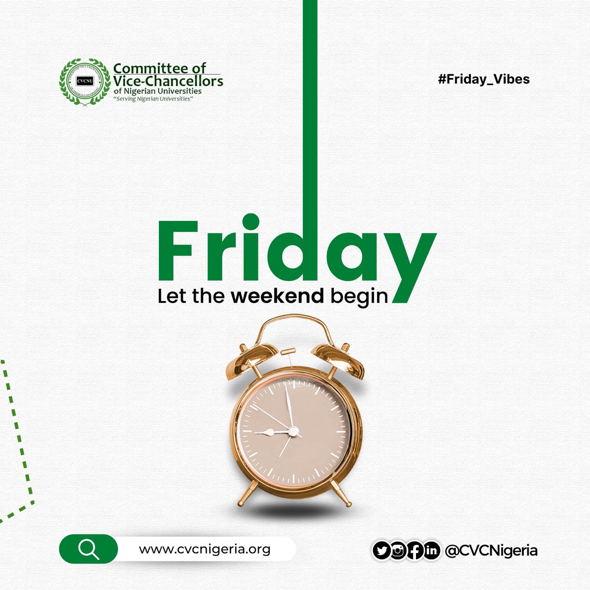 CVCNU's tweet photo. Weekend’s calling again and inevitably we all picking up gladly.

Cheers to a great one.

#cvcnu #nigerianuniversities #unilag #uniben #asuu #unn #abujastudents #nuc #tetfund #ncc #nysc #jamb #awau #cpc #unimaid https://t.co/w9dmCuB2S2