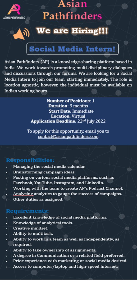 AsiaPathfinders's tweet photo. We're hiring! 
1) Social Media Intern
2) Research &amp; Operations Intern
Details in images. Apply via Email: contact@asianpathfinders.com 
Deadline: 22nd July
#hiring #hiringalert #jobalert #socialmedia #research #internship #internshipalert #intern https://t.co/mlZ9gtU8Zv