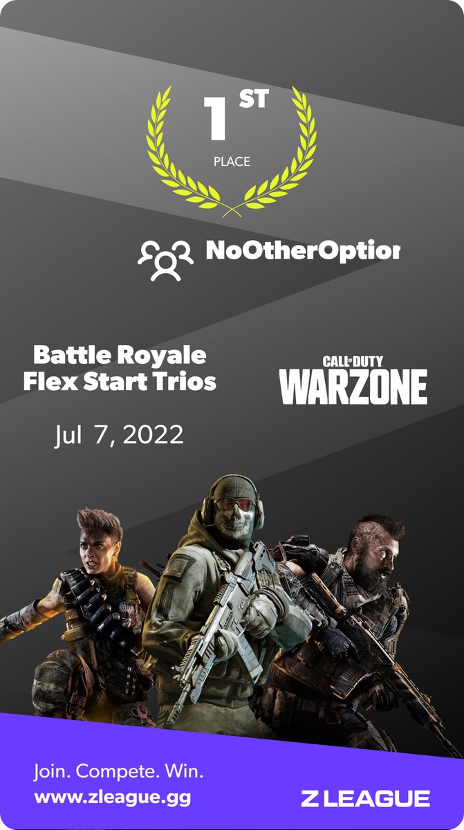 _NoOtherOption_'s tweet photo. When you have @_NoOtherOption_ , you win ! @ZLeaguegg div 2 br trios 🏆CHAMPS🏆!! w/Gigs , sent &amp; @StormN_  82$ pot #warzone #tournament #win #zleaguegg #callofduty https://t.co/Mhunmm7NHX