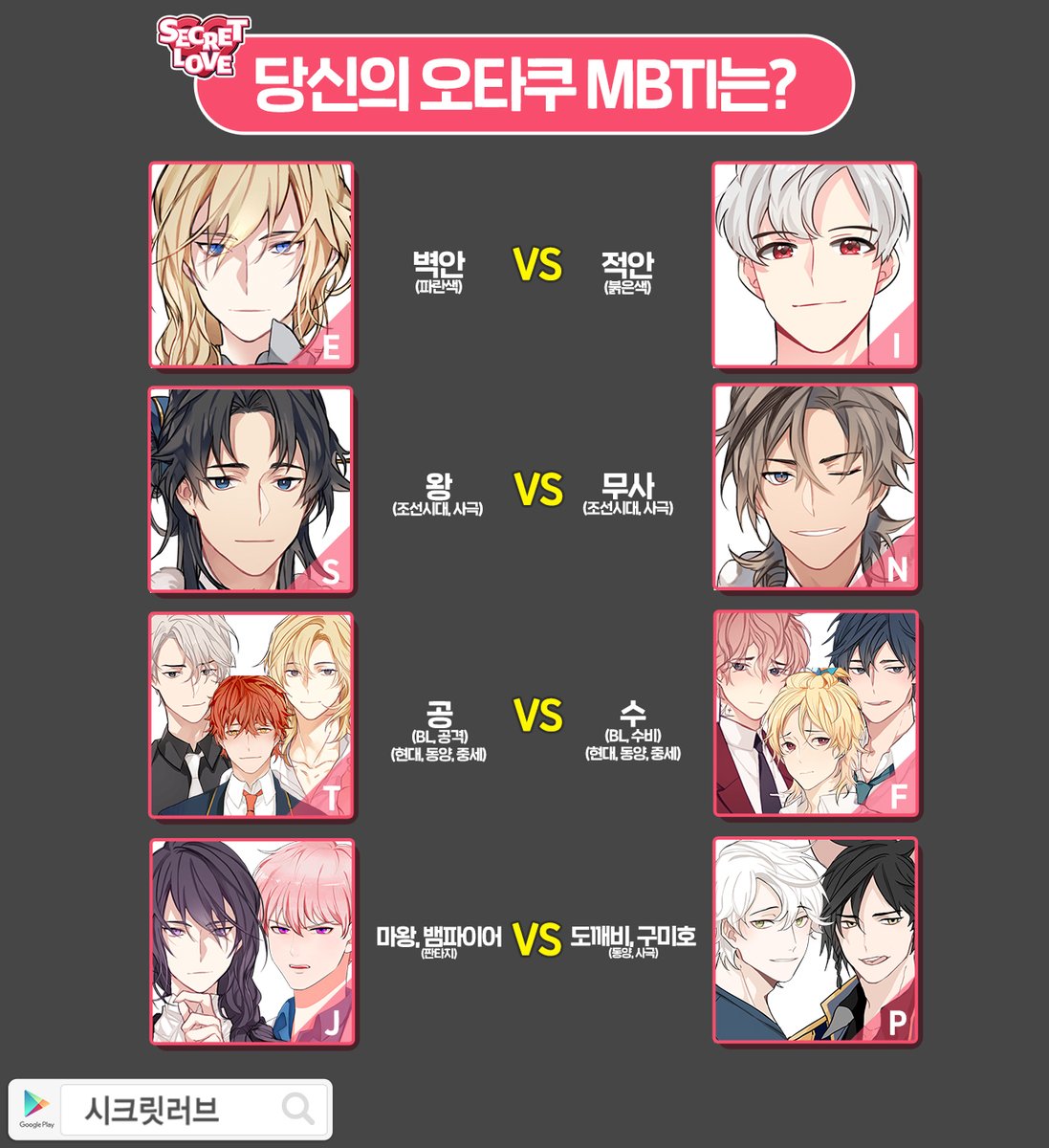 secretlovegame's tweet photo. #RT + #팔로우 하면
이벤트 추첨을 통해 베라 아이스 모찌!

당신의 오타쿠 MBTI는?

선호하는 캐릭터 취향을 선택하고
MBTI 테스트를 공유해보세요~

🔽지금 바로 플레이🔽
https://t.co/ML6JLHCKRL

#시크릿러브 #웹소설 #비주얼노벨 #미연시 #BL #MBTI #채팅 https://t.co/qXyJ1NGq2j