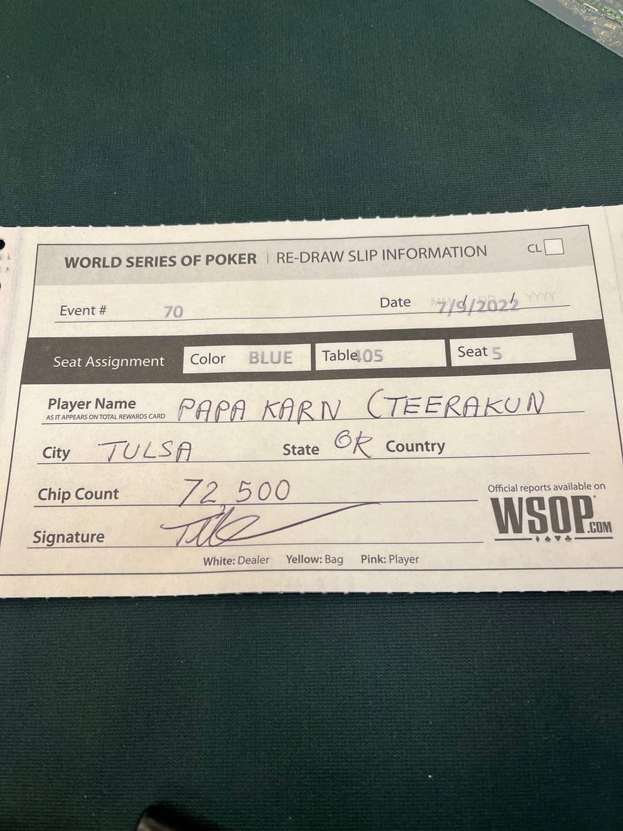 tkarn421's tweet image. Onward to Day 3! 72,500 in the bag! 💼 #WSOPMainEvent #PapaKarn