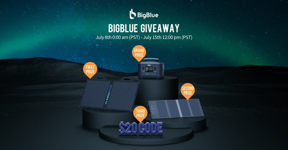BigBlue_global's tweet photo. 🎊BigBlue Summer Day's Giveaway🎊
Time: July 8th 0:00 am PST - July 15th 12:00 PST
Giveaway Link: https://t.co/IOv0E3prbh
Grand Prize: Cellpowa500 power station x1
First Prize: Solarpowa100 solar panel x2
Second Prize: 36W solar panel36 x3
Third Prize: BigBlue Web $20 code x15 https://t.co/rhx4vvrwFZ