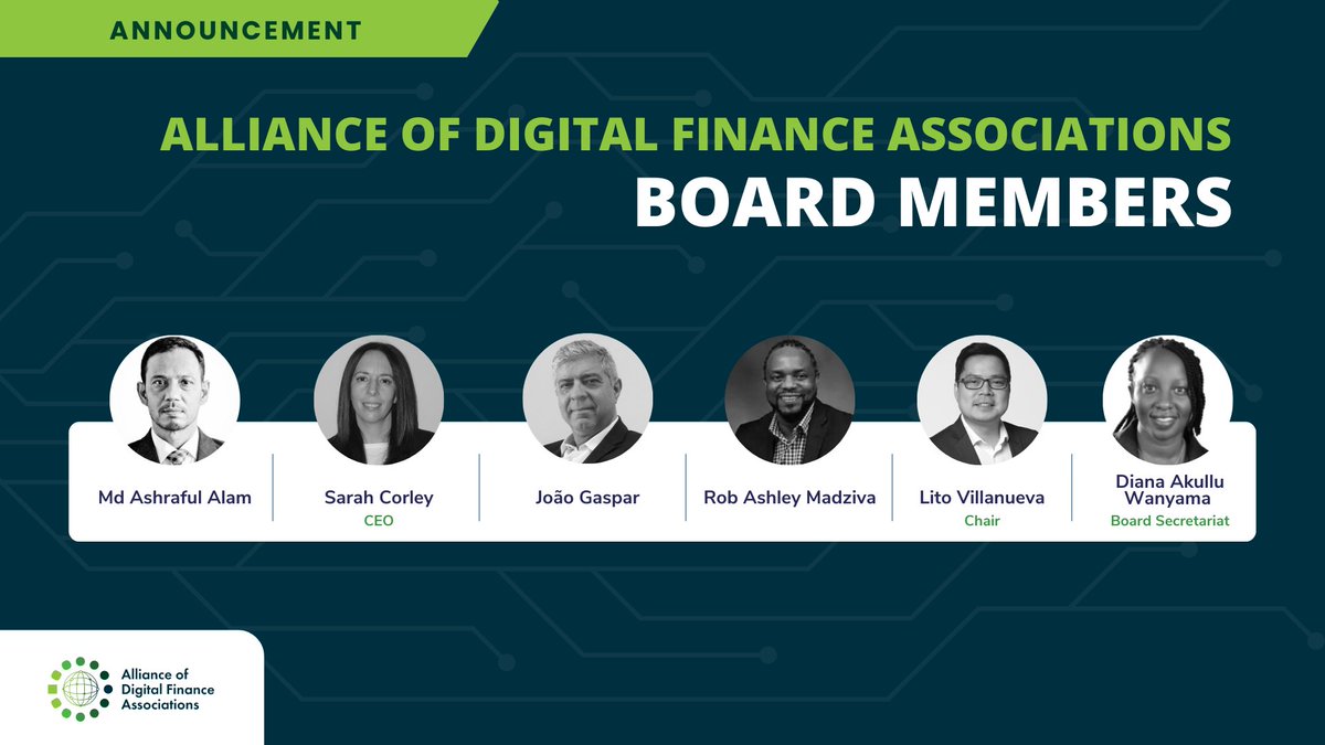 Alliance of Digital Finance & Fintech Associations (@alliancedfa) on Twitter photo Our board members are now in place and our first meeting held. You can read more about the board here: alliancedfa.org/board/ and also Sarah Corley's blog about finding our board: alliancedfa.org/2022/07/06/int…
<a href="/litovillanueva/">Lito Villanueva</a> <a href="/gasparjoao/">João Gaspar</a> <a href="/RobAshleyAfrica/">Rob Ashley Madziva</a> <a href="/dakullu/">Diana Akullu Wanyama</a> Our board members are now in place and our first meeting held. You can read more about the board here: alliancedfa.org/board/ and also Sarah Corley's blog about finding our board: alliancedfa.org/2022/07/06/int…
<a href="/litovillanueva/">Lito Villanueva</a> <a href="/gasparjoao/">João Gaspar</a> <a href="/RobAshleyAfrica/">Rob Ashley Madziva</a> <a href="/dakullu/">Diana Akullu Wanyama</a>