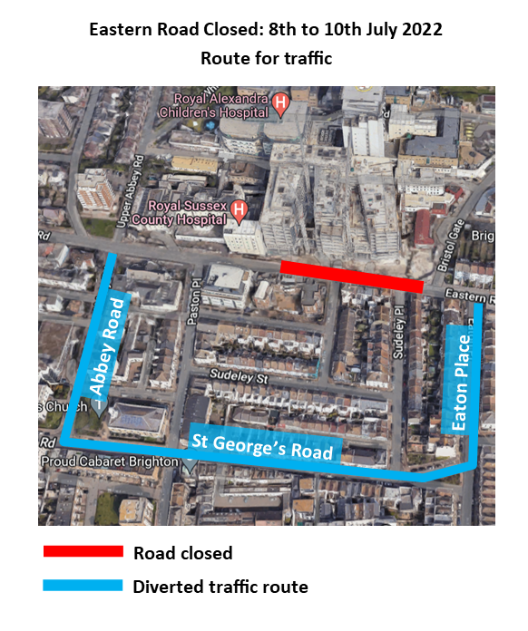 Eastern Road will be closed all weekend (8-10 July) next to the 3Ts Redevelopment at RSCH. This is to allow a crane to lift 300 tonnes of soil into planters across the new building. We will then be ready to bring plant life into the heart of the redevelopment. <a href="/UHSussex/">University Hospitals Sussex</a>