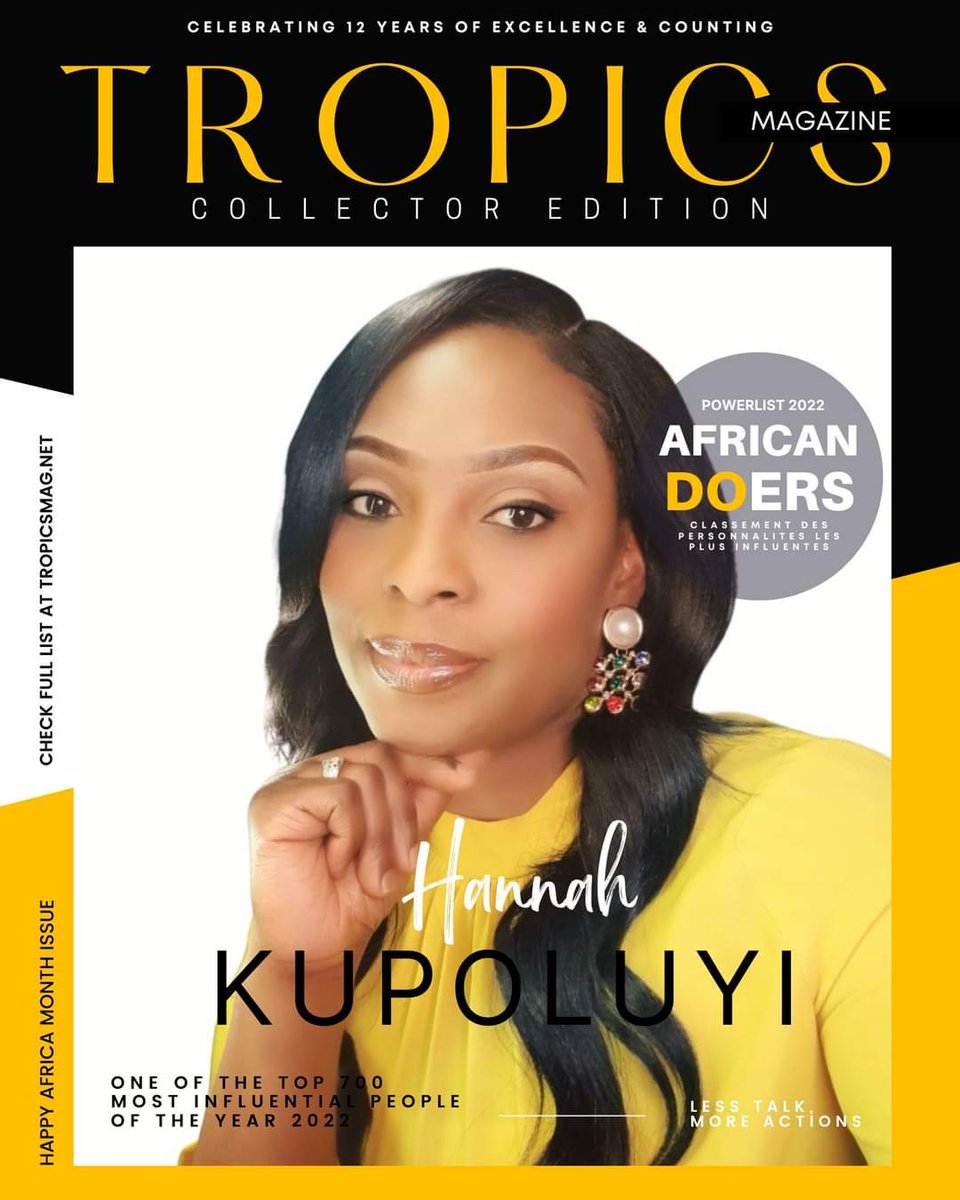 AllWomensNetwo1's tweet photo. Published in Tropics Magazine
I'm ecstatic to be named one of the Top 700 Most Influential Africans, known as #AfricanDoers. 

The list is a celebration of great minds working to position Africa as a land of talents, investments, innovation, &amp; excellence.
Thanks @TropicsMagazine https://t.co/4dqHsGI3o3