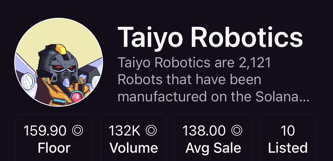 DegenerateNews's tweet photo. BREAKING: @TaiyoRobotics IS 10TH PLACE ON @MagicEden’S MOST POPULAR DAILY COLLECTIONS - LISTINGS DROP TO 10 https://t.co/1kmTrosyJd
