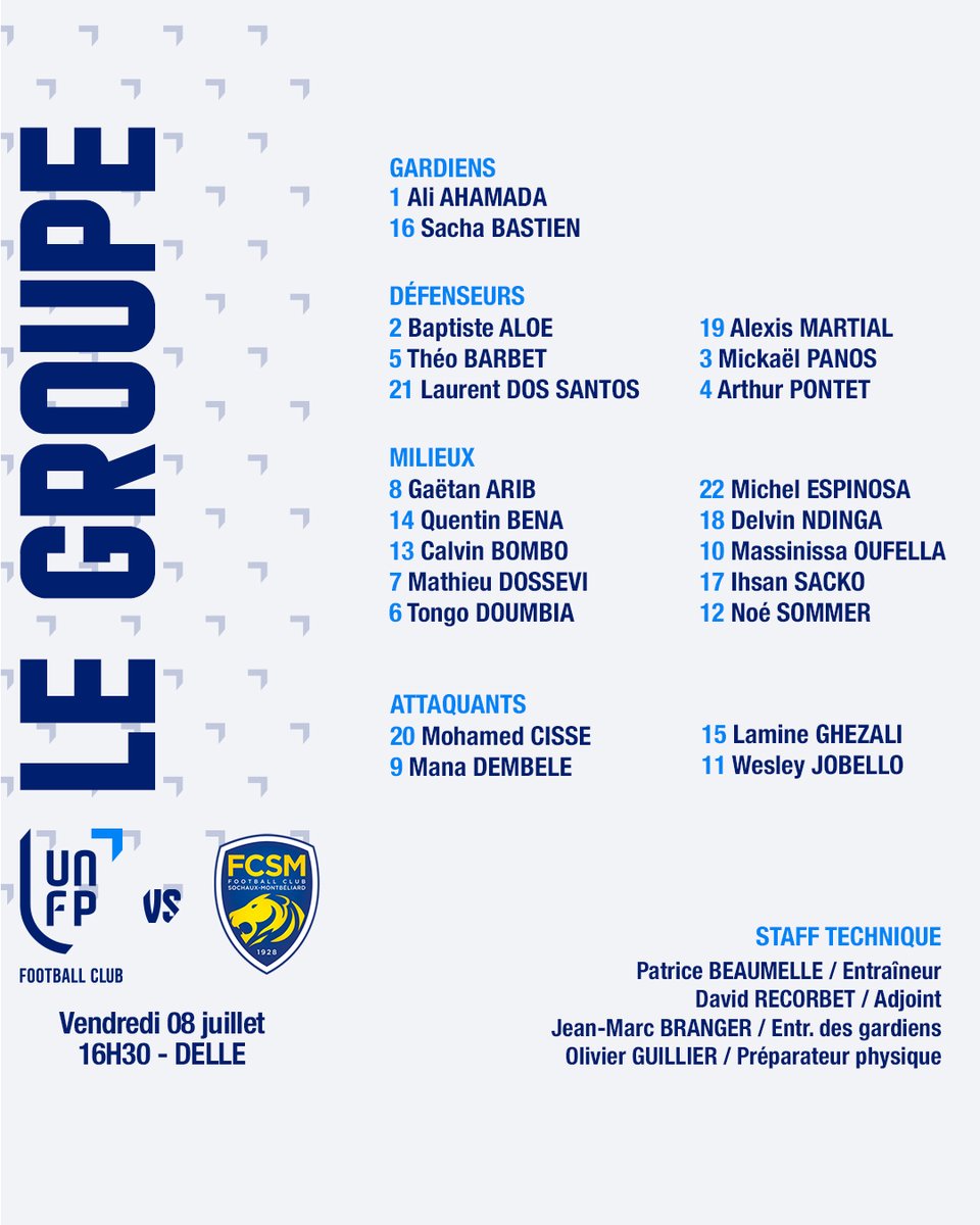 UNFP's tweet photo. 📅 Deuxième rencontre de préparation pour la #teamUNFP 💥

🆚 @FCSM_officiel  ➡ @Ligue2BKT 
🗓 2ème match de préparation
🏟 Stade des Fromentaux, Delle
⌚16h30

#UNFPFootballClub #FCSMUNFP https://t.co/i9iaYIrxMO