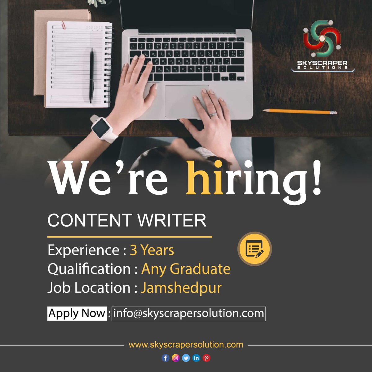 skyscrapersol's tweet photo. We're Hiring!!
#ContentWriter
Experience : 3 Years
Qualification : Any Graduate
Job Location : Jamshedpur
Interested candidates, send your resume at :
info@skyscrapersolution.com
#Hiring #Job #Vacancy #ContentWriting #ContentManagement #SkyscraperSolutions #DigitalMarketing https://t.co/WlaAC4FX2Z