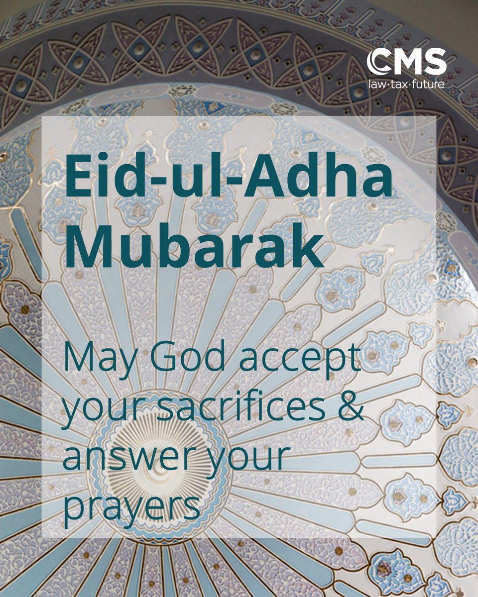 CMS_SouthAfrica's tweet photo. CMS wishes all celebrating an Eid-ul-Adha Mubarak!
May God accept your sacrifices and answer all your prayers.
#cms #cmslaw #eiduladha2022 #eidmubarak #transformtheordinary https://t.co/KUSNfcPLJs