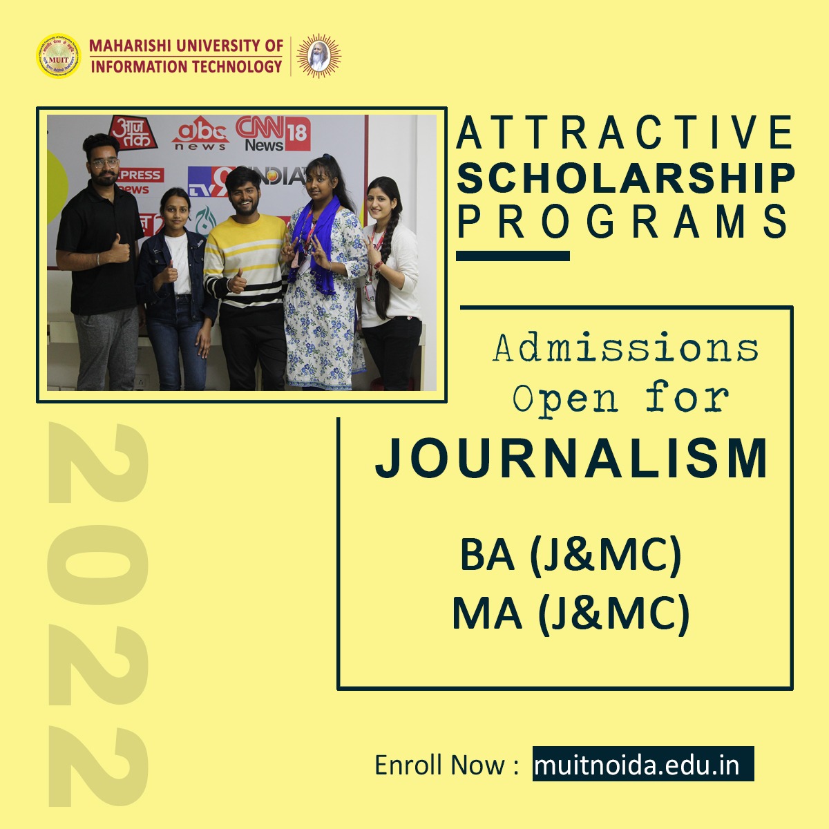 dpathak0108's tweet photo. Maharshi School of Journalism &amp; Mass Communication invited applications for BA-JMC and MA-JMC courses. Aspirants are requested to fill out the form and visit the Maharishi University of Information Technology, Noida campus. 
Apply: https://t.co/TmNc0XUs0e
#journalism #courses https://t.co/2iRiWNt8Dm