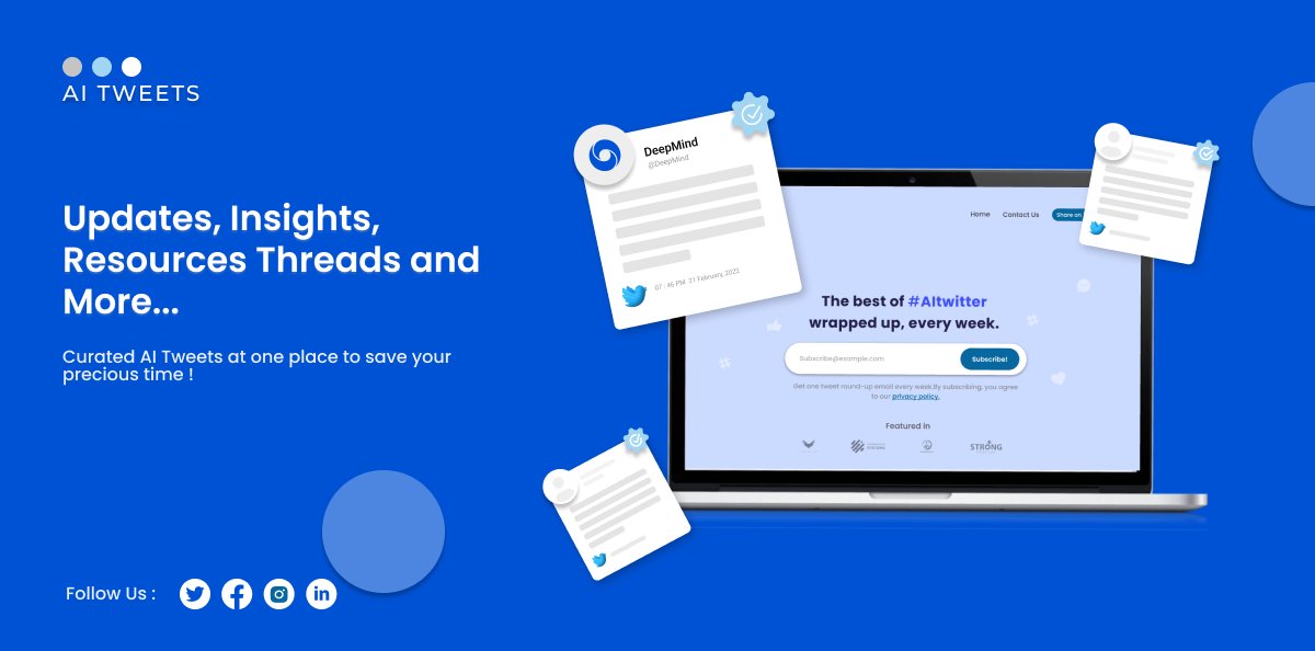 AITweetsco's tweet photo. 📢Alert📢

No. 11

Do you want to know the latest updates on the AI world? 

Our weekly dose of curated AI tweets is out now! 

Subscribe below to get your copy of the Newsletter in your inbox!! 

https://t.co/WQIBZX7PyM

Don't miss out!

#AITweets #machinelearning #ai https://t.co/jIyxhUz5Fg
