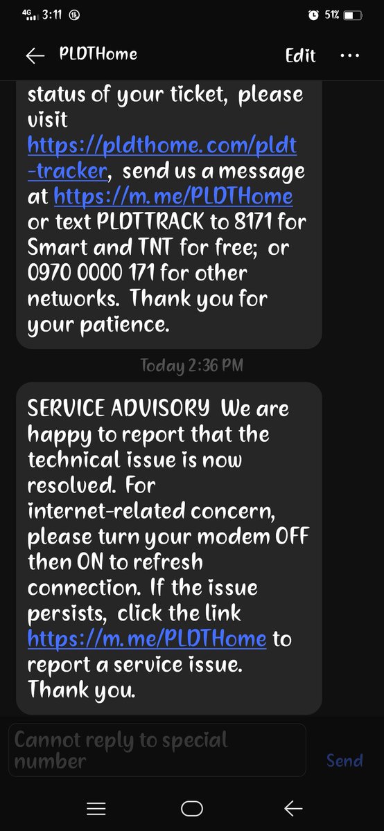 aya_david1978's tweet photo. @PLDT_Cares  pls dont send a text like this when the issue has NOT been resolved. Fix this pls! I am NOT paying for service to get me fired from work. @DtiPhilippines https://t.co/Fm18q2MwxR