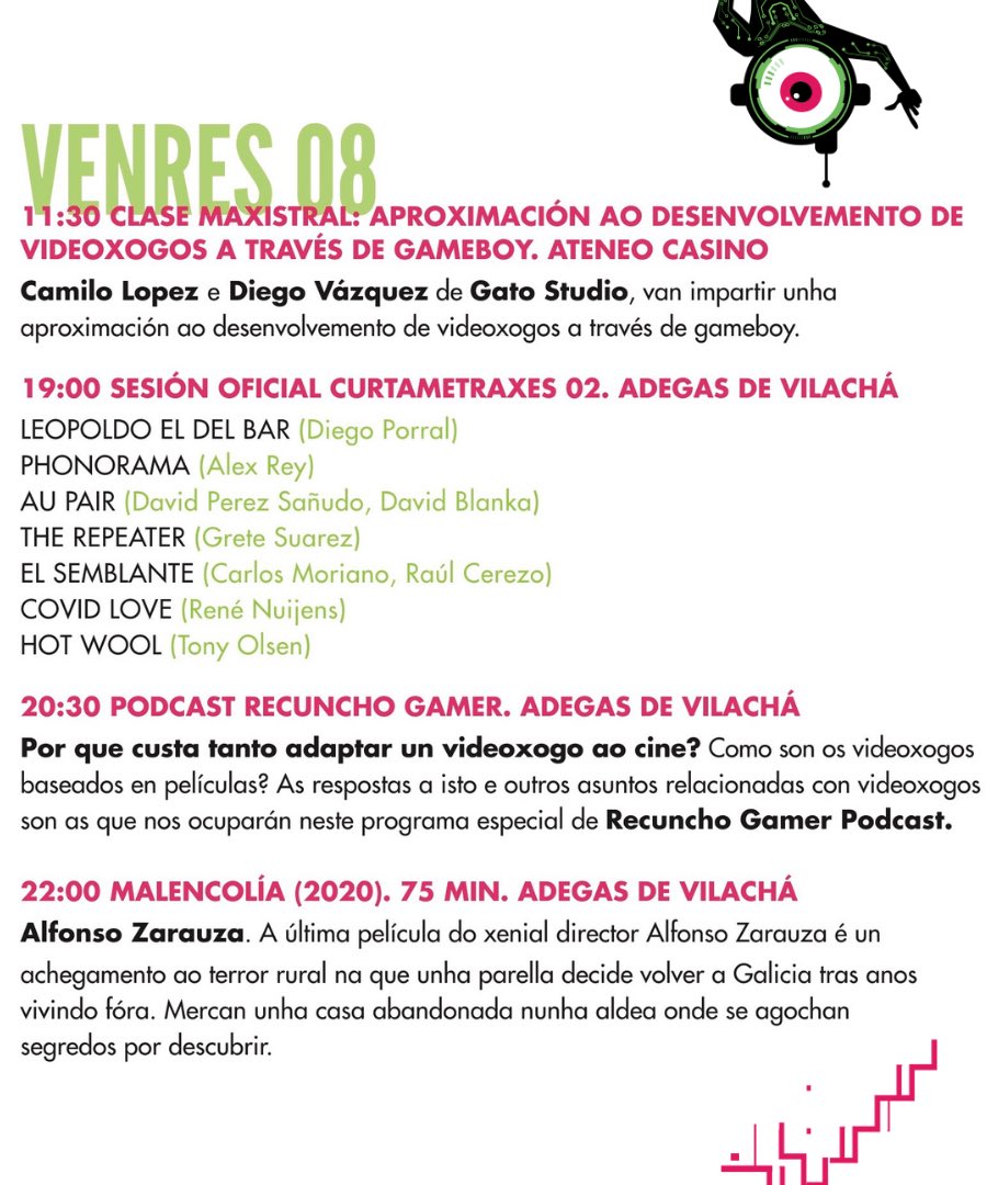 Toma nota do programa dunha nova xornada de #fancinedelemos2022 🖊 Charla con Camilo e Diego de <a href="/GatoStudioGames/">Gato Studio</a> no <a href="/ateneocasino/">Ateneo Casino</a>. E á tarde, imos ás adegas de Vilachá en <a href="/APobra/">Concello A Pobra do Brollón</a> con a sesión #2 de curtas, <a href="/RecunchoGamer/">RecunchoGamer</a> e @Malencolia