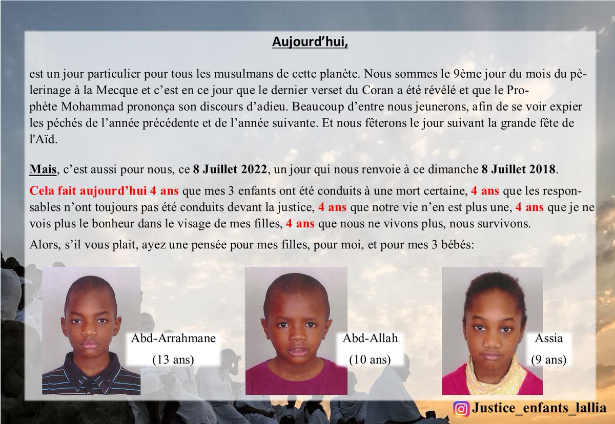 JusticeLallia's tweet photo. Nous sommes le 8 Juillet 2018 et cela fait 4 ans aujourd'hui que mes 3 enfants ont été conduits à une mort certaine "involontaire". 4 ans que la JUSTICE tarde à arriver et que les responsables de ce drame ne s'y soient toujours pas présentés. Nous ne réclamons que JUSTICE!!! https://t.co/VcLgWCFur6