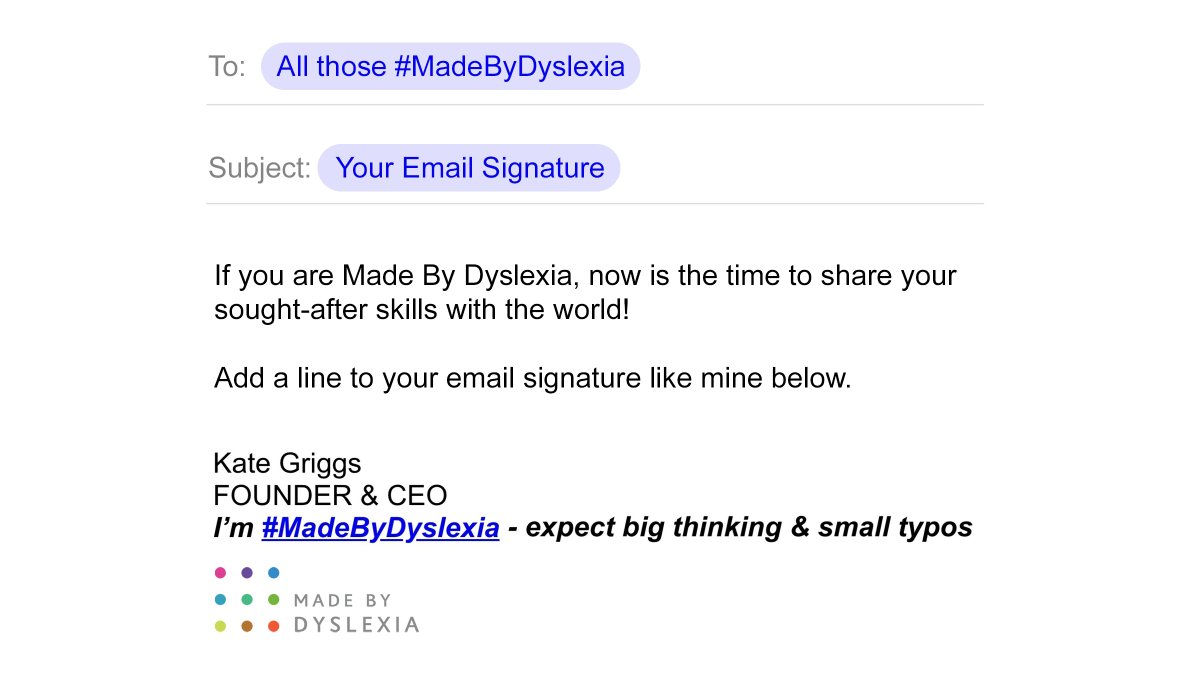 With <a href="/LinkedIn/">LinkedIn</a> adding #DyslexicThinking as a vital skill, now is the time to celebrate that you have the workplace's most valuable skill, by adding #DyslexicThinking to your email signature – just like our founder, <a href="/kate_griggs/">kate griggs</a>.

See more signatures 👉 bit.ly/3nFwlgX