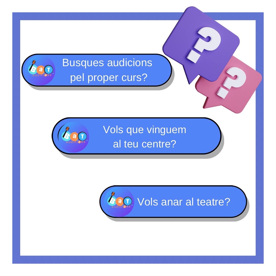 BAT_AUDICIONS's tweet photo. Si esteu preparant el curs que ve i voleu que vinguem al vostre centre, no dubteu en entrar al web i escollir les audicions.⁣Audicions per totes les edats i de diversos estils, totes amb una mirada educativa. ⁣No saps quina escollir? Consulta’ns i t’ajudem. #educació https://t.co/yAPivFF5Gf