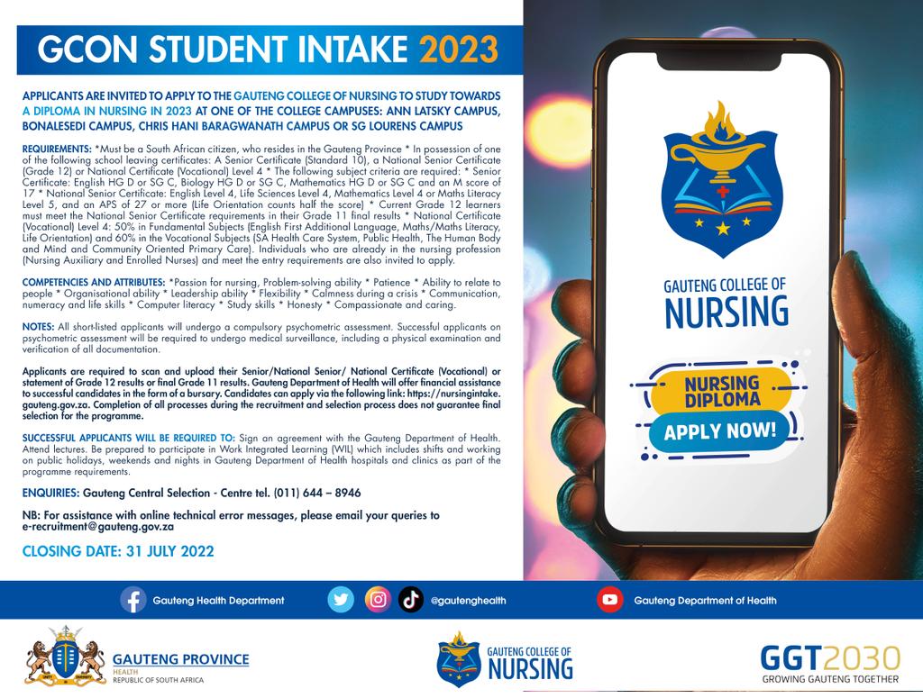 GautengHealth's tweet photo. Applicants are invited to apply to study towards a Diploma in Nursing for the 2023 academic year at the Gauteng College of Nursing (GCoN). Apply here: https://t.co/eZqfxEnb6I https://t.co/ScfLgwcMr8