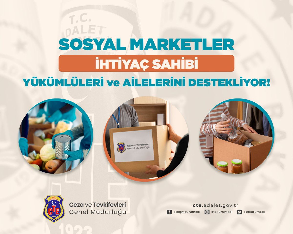 Birçok kurum ve sivil toplum kuruşlarıyla yapılan iş birliği sonucunda toplanan yardımlar, sosyal marketler aracılığıyla; ihtiyaç sahibi eski hükümlüler, DS yükümlüleri ve ailelerine ulaştırılıyor.

✍️cte.adalet.gov.tr/Home/SayfaDeta…