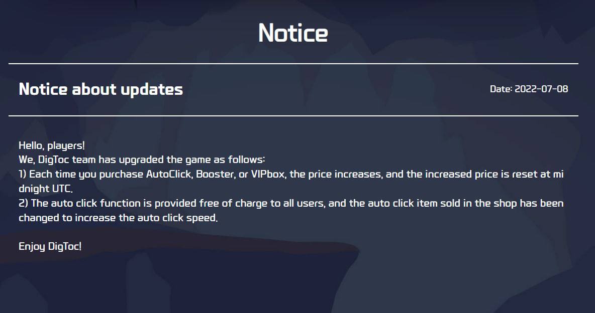 MintWayofficial's tweet photo. DIGTOC GAME UPDATE NOTICE 📣

As the date of 2022-07-08 DigToc team has upgraded the game as on picture below!

✅DigToc game link: https://t.co/boFRBeycEW

Enjoy the game now!

#blockchain #mintway #web3 #nfts #metaverse #digtoc #NFTPortal #P2Egame #mining https://t.co/MJJw1l8WjY