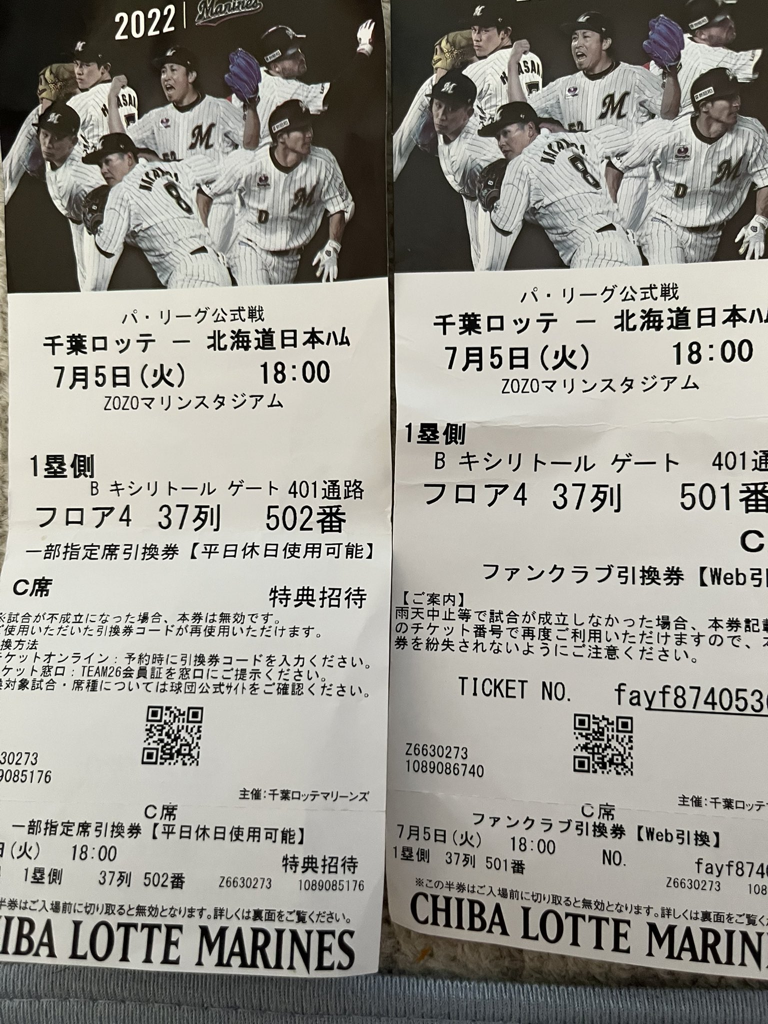 7月29日(土)ホークス vs ロッテ B指定席一塁側通路側ペア