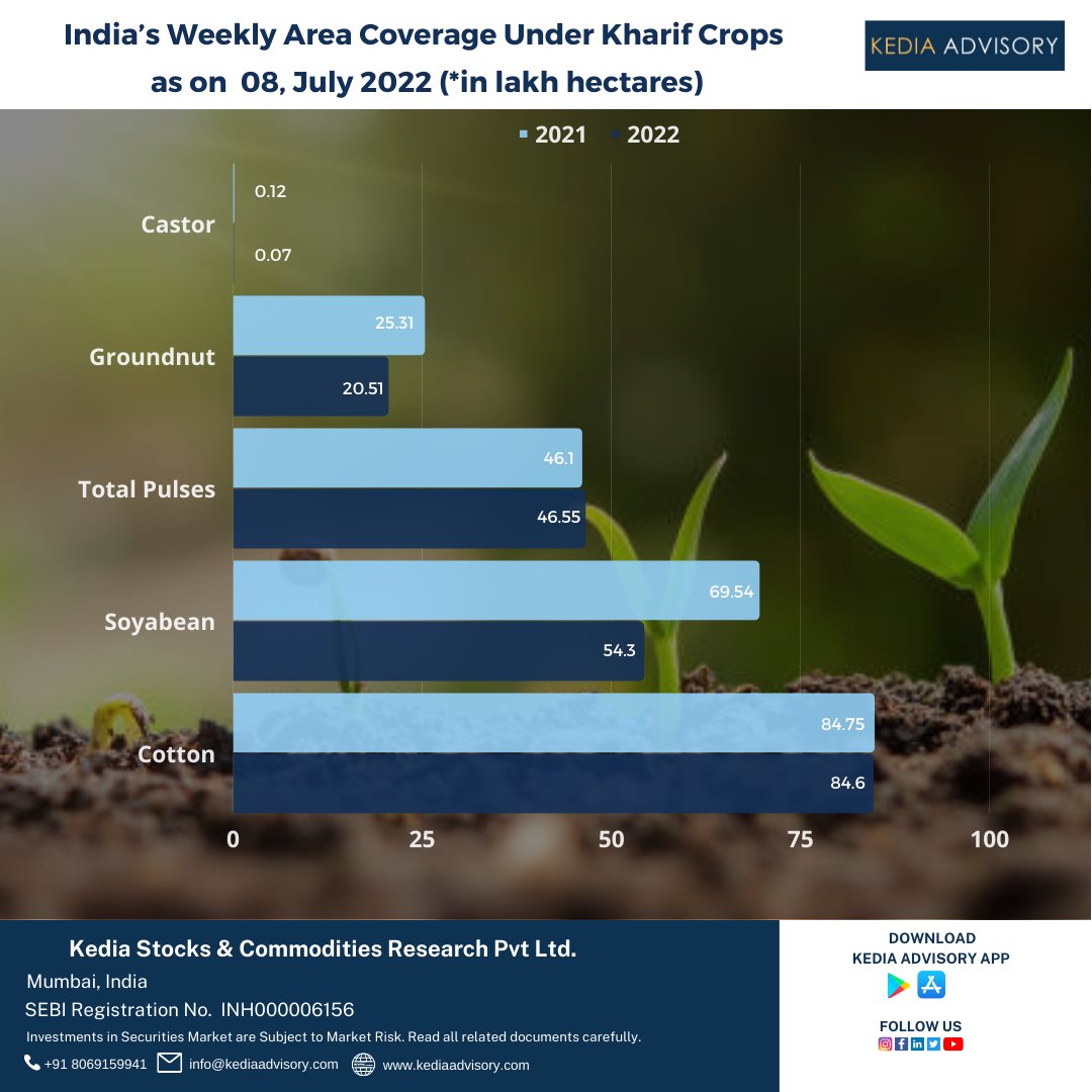 kediaadvisory's tweet photo. India’s Weekly Area Coverage Under Kharif Crops As On 08-Jul-2022
#kediaadvisroy #kedia #chart #report #Commodities #Oilseed #Cereals #Sugarcane #Cotton #Rice #Pulses #TotalSowing https://t.co/zi2e01BwM7