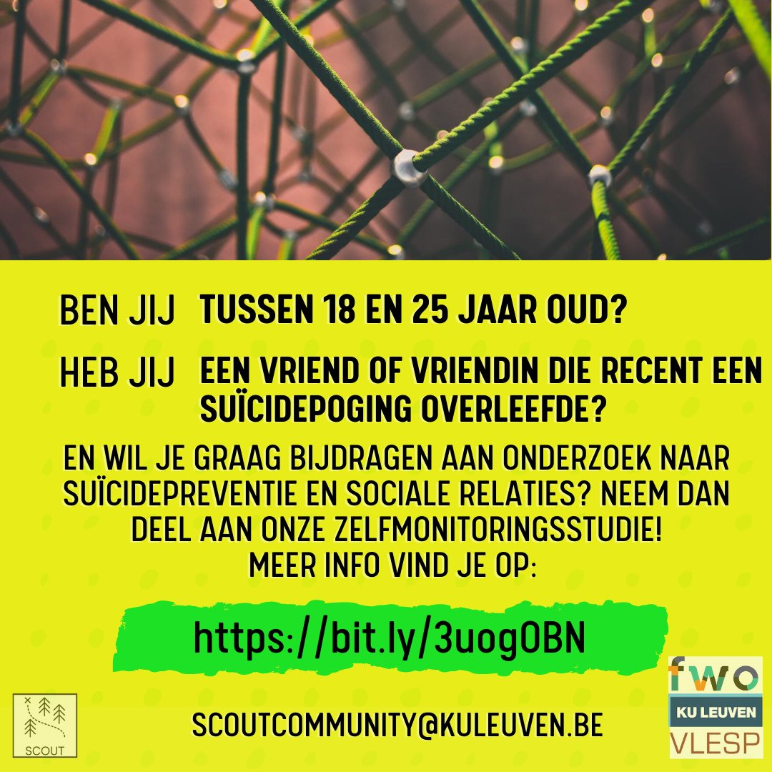 VLESP (@vlesptweet) on Twitter photo Welke impact heeft het meemaken van een suïcidepoging van een vriend(in) op jongvolwassenen? Dat wensen het <a href="/ccp_leuven/">Center for Contextual Psychiatry</a> en <a href="/LivveyKirtley/">Olivia Kirtley</a> te onderzoeken. Daarvoor zijn ze op zoek naar deelnemers tssn. 18 en 25j. Meer info: bit.ly/3uog0BN Welke impact heeft het meemaken van een suïcidepoging van een vriend(in) op jongvolwassenen? Dat wensen het <a href="/ccp_leuven/">Center for Contextual Psychiatry</a> en <a href="/LivveyKirtley/">Olivia Kirtley</a> te onderzoeken. Daarvoor zijn ze op zoek naar deelnemers tssn. 18 en 25j. Meer info: bit.ly/3uog0BN