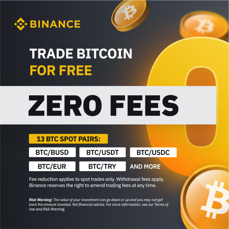 binance's tweet photo. Trade Bitcoin for FREE. 

Just one more reason to join Binance.