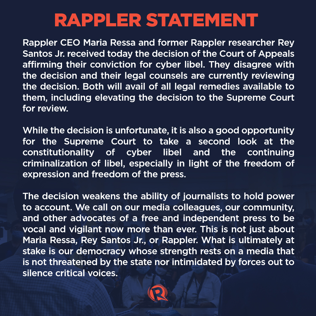 rapplerdotcom's tweet photo. RAPPLER STATEMENT

Rappler CEO Maria Ressa and former Rappler researcher Rey Santos Jr. received today the decision of the Court of Appeals affirming their conviction for cyber libel. https://t.co/ZKfBlO5CRe
