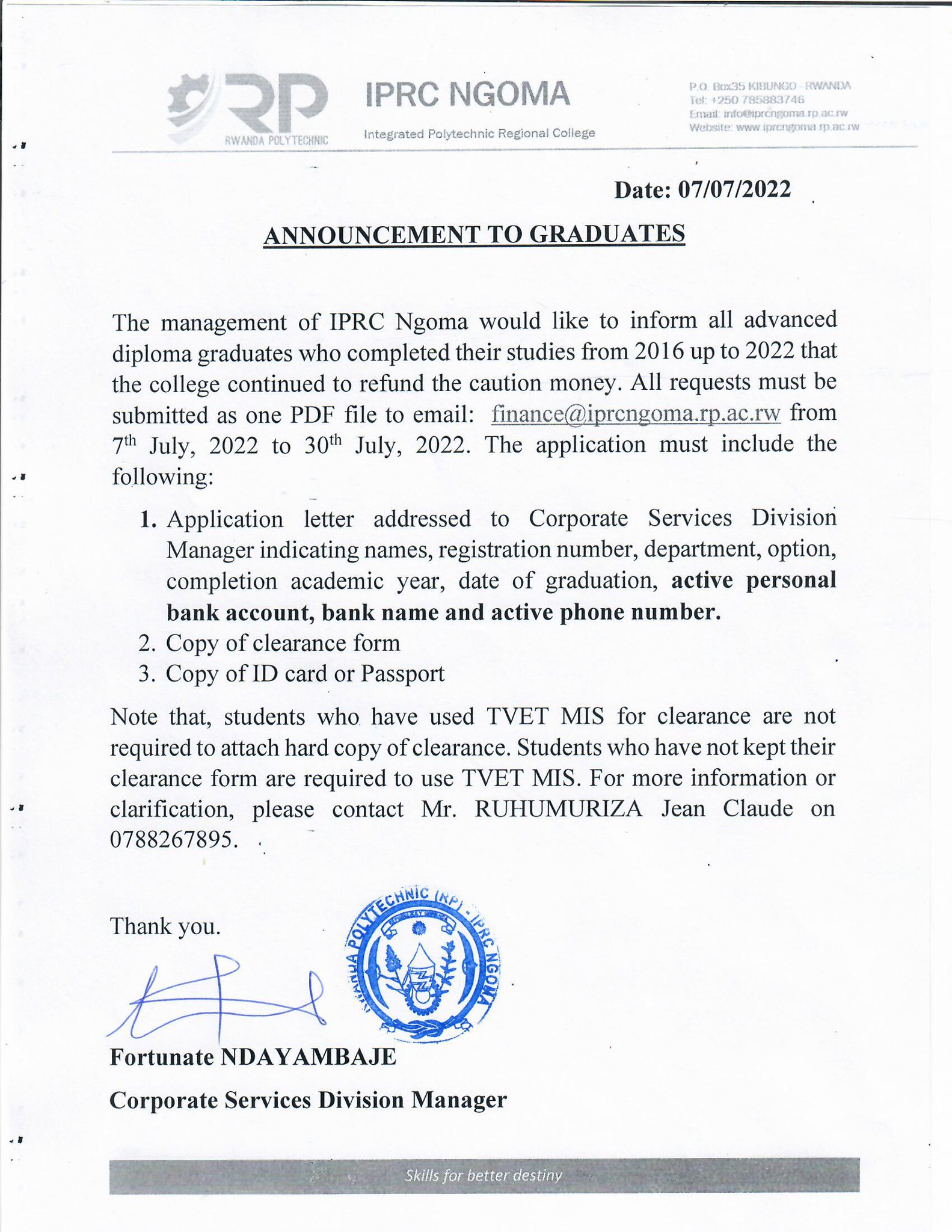 RP-IPRC Musanze on X: To our graduates who completed their studies from  2019-2021: We're still refunding the caution money, you can apply for  refund if you have not applied yet.  /