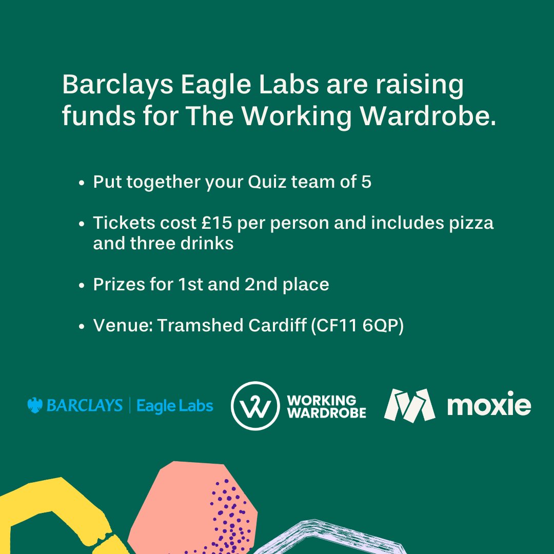 Moxie People (@moxiepeopleltd) on Twitter photo Barclays <a href="/eagle_labs/">Eagle Labs</a> are hosting a #quiz night to raise funds for <a href="/WardrobeWorking/">Working Wardrobe</a>!
👉 Thursday 28th July
👉 The <a href="/TramshedTech/">Tramshed Tech</a> in #Cardiff.
Pay £15 per person - justgiving.com/fundraising/me…
Email your team name and members to Mel to secure your place - melody.johnson@barclays.com Barclays <a href="/eagle_labs/">Eagle Labs</a> are hosting a #quiz night to raise funds for <a href="/WardrobeWorking/">Working Wardrobe</a>!
👉 Thursday 28th July
👉 The <a href="/TramshedTech/">Tramshed Tech</a> in #Cardiff.
Pay £15 per person - justgiving.com/fundraising/me…
Email your team name and members to Mel to secure your place - melody.johnson@barclays.com