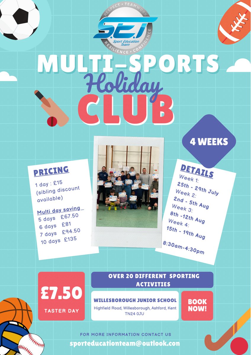 𝗦𝗨𝗠𝗠𝗘𝗥 𝗠𝗨𝗟𝗧𝗜-𝗦𝗣𝗢𝗥𝗧𝗦 𝗛𝗢𝗟𝗜𝗗𝗔𝗬 𝗖𝗟𝗨𝗕!

WE ARE BACK THIS SUMMER HOLIDAYS FOR 4 WEEKS🤩🔵⚪️

Book your place by contacting us on sporteducationteam@outlook.com! 

NEW TO SET? Enjoy a taster day for just £7.50

We look forward to seeing you soon ☀️😎