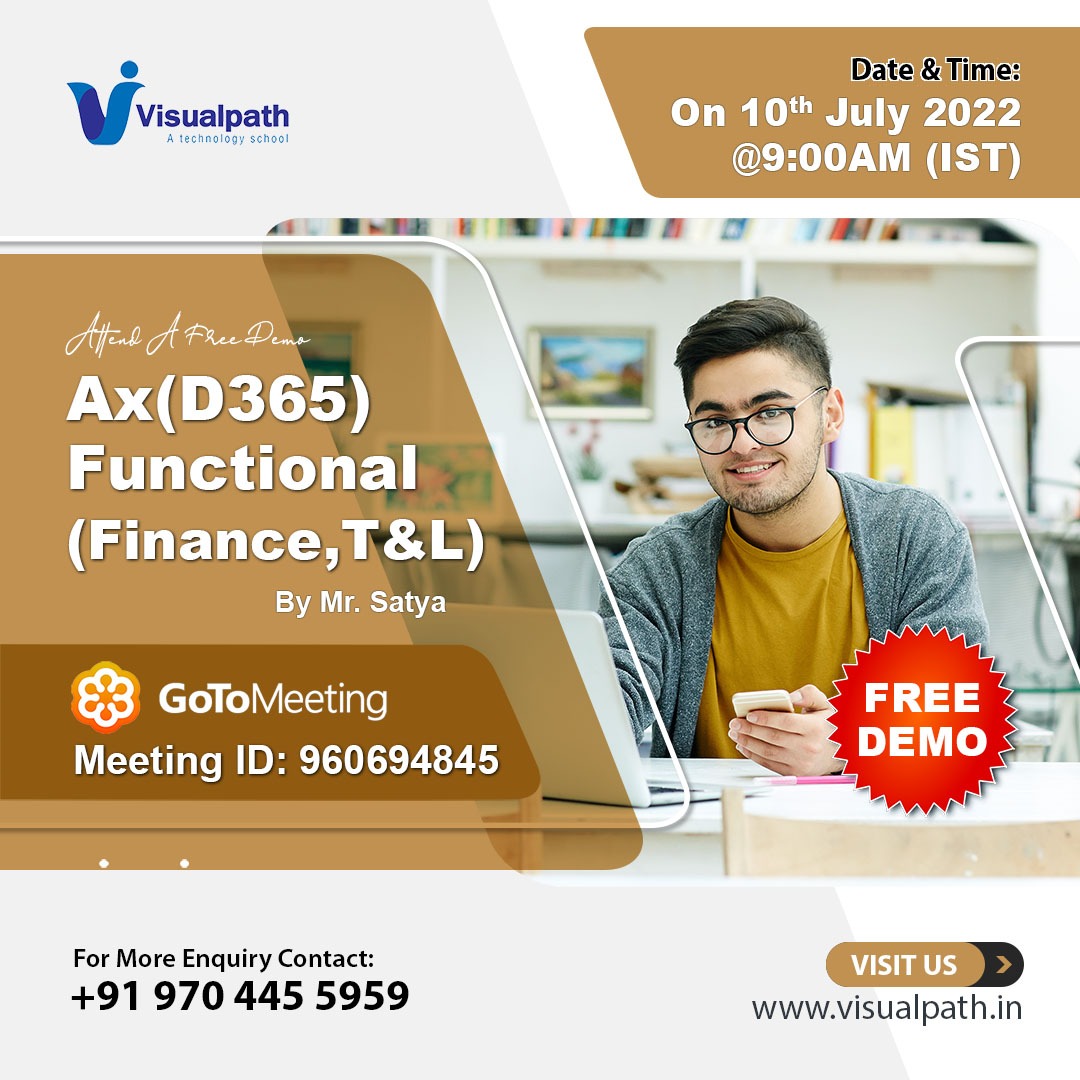 VisualpathB's tweet image. Hi all, We are Conducting an Free Online Demo class On Ax(D365) FUNCTIONAL(FINANCE and T&amp;amp;L) by Mr. Satya
Date &amp;amp; Time:  10/07/2022 @9am IST
Demo Session link: bit.ly/3Rlm9HM
For more details +91 9704455959
