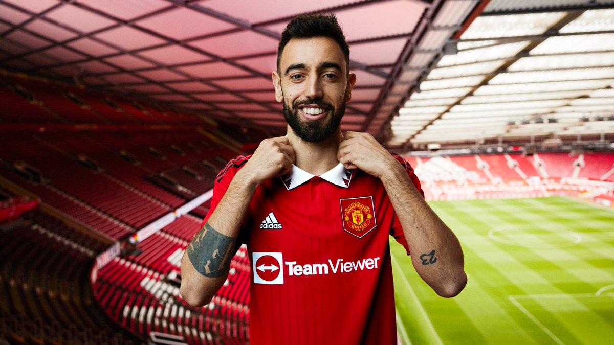 Bruno Fernandes wears the new Manchester United home shirt.