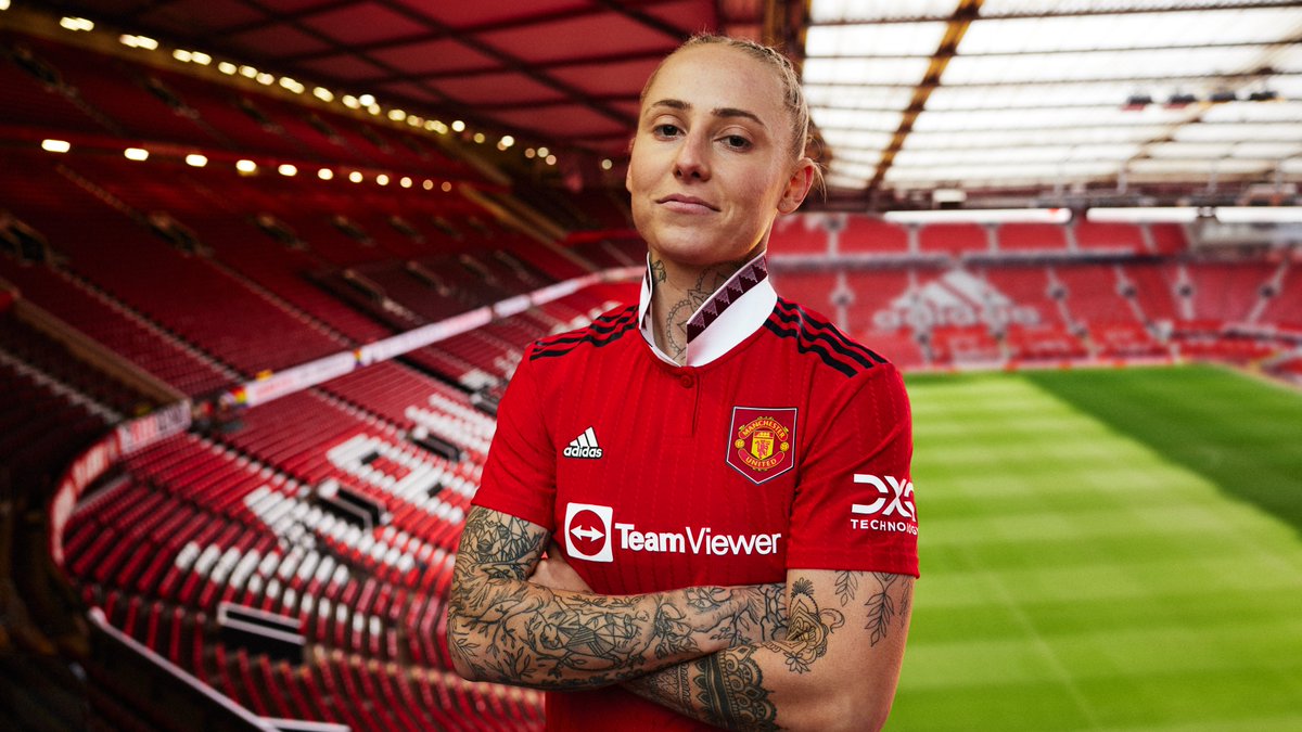 Leah Galton wears the new Manchester United home shirt.