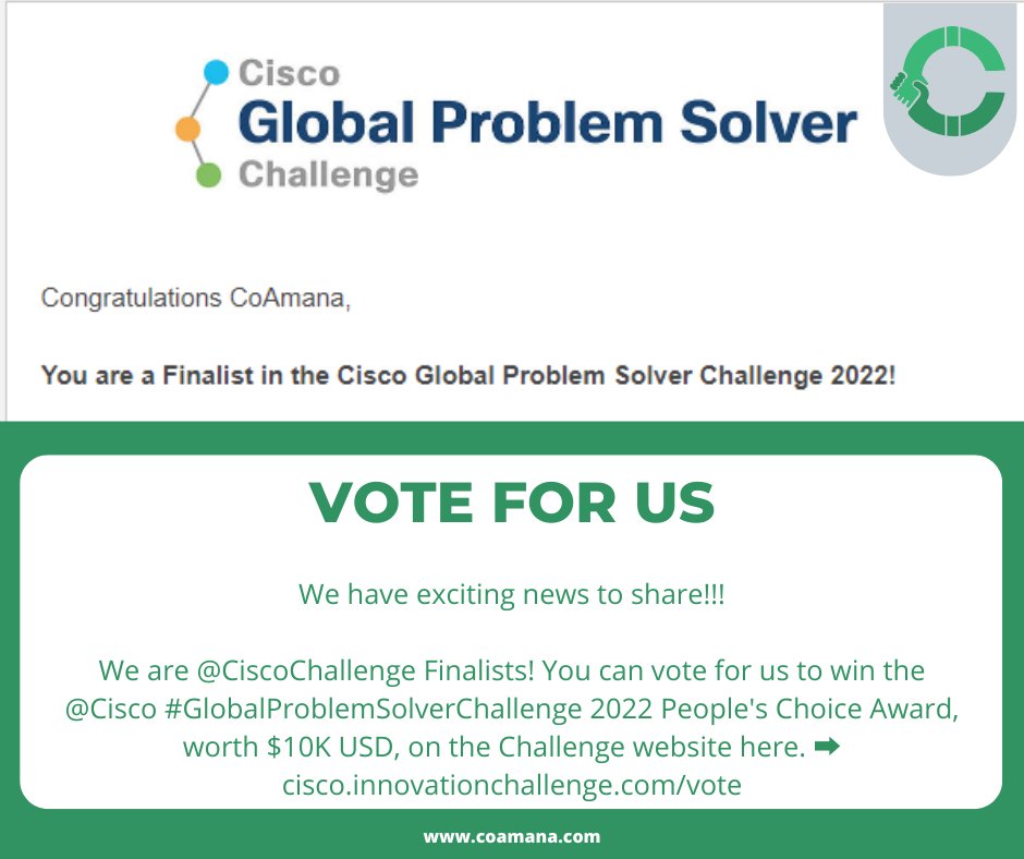 Amana_Market's tweet image. We have exciting news to share!!! We are @CiscoChallenge Finalists!
You can vote for @CoAmanaMarket #coamanamarket to win the @cisco #GlobalProblemSolverChallenge 2022 People's Choice Award, worth $10K USD, on the Challenge website here.
➡️ cisco.innovationchallenge.com/vote
