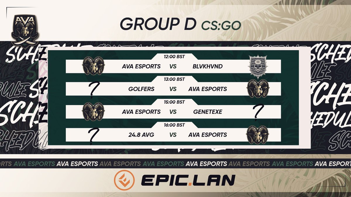 Here's our <a href="/EPICLAN/">EPIC.LAN UK Gaming & Esports Events</a> group stage matches!

Our first round game at 11 is a BYE so the lads get an extra hour in bed!

Good luck to all teams competing today!