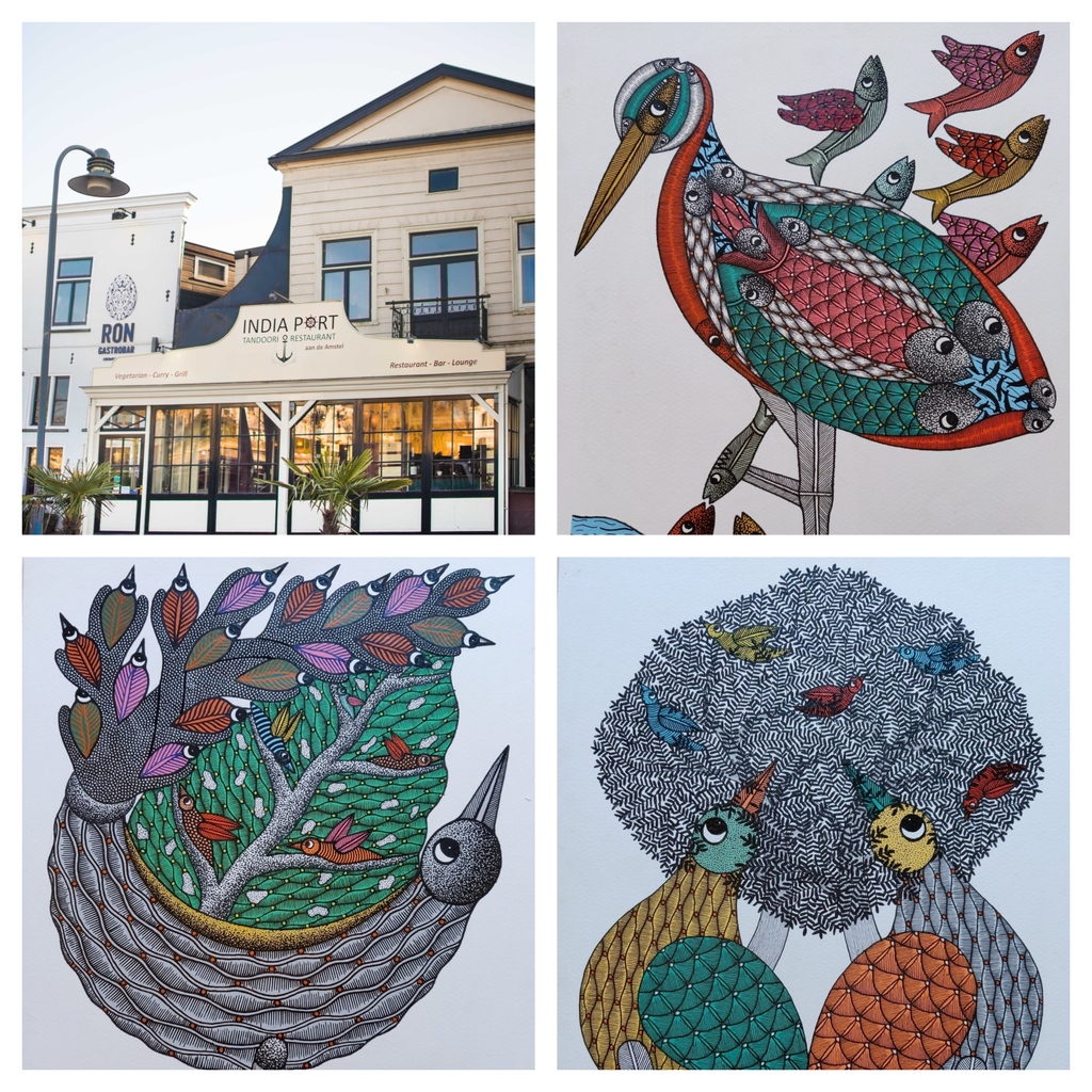 Talesonsilk's tweet photo. We have teamed up Indian restaurant #IndiaPort at #OudeKerkaandeAmstel, to showcase a selection of #SantoshMaravi’s paintings. 
#Indiaport x Santosh Maravi #santoshmaravi #gondart #tribalartcollection #indianfood #Netherlands #gifts   #talesonsilk https://t.co/psLbJQiLx2