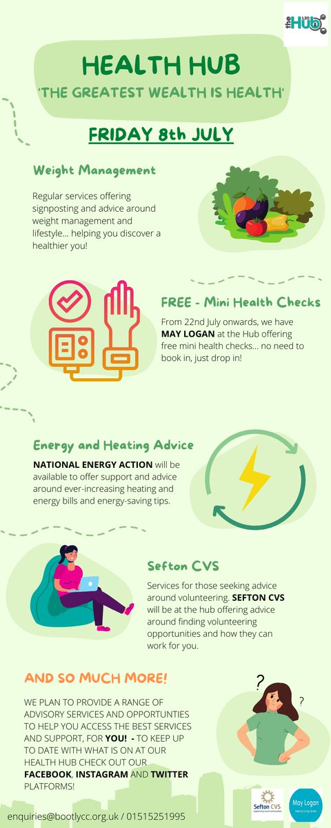 🥗 #HEALTHHUB TODAY! 🥗 Fri 8th July, 10-12pm
This week we have:
#SeftonCVS to offer advice &amp; support with volunteering
#SeftonSexualHealth for sexual health advice
#NationalEnergyAction to offer energy saving advice
No need to book, just turn up!
#healthiswealth #bootlecommunity