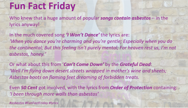 PAGroupUK's tweet photo. #asbestos #FunFactFriday #lyrics https://t.co/knzglTSywb