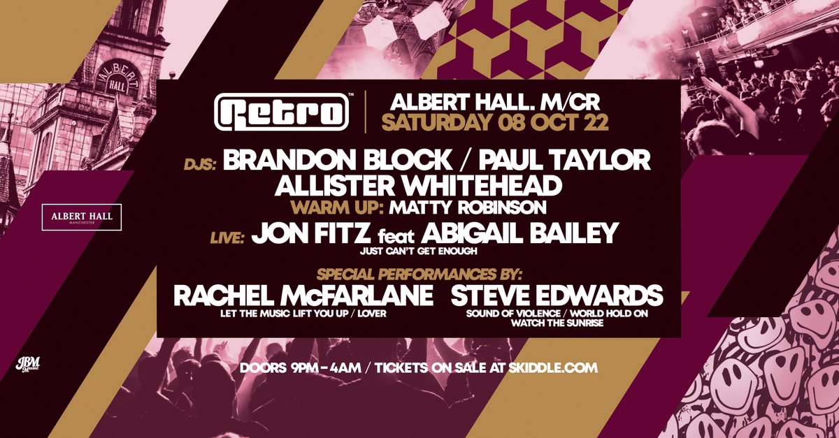 Albert Hall (@alberthallmcr) on Twitter photo ON SALE NOW: <a href="/Retroevents/">Retro Events</a> is returning to our venue on the 8th of October 2022, featuring Brandon Black, <a href="/DJAWhitehead/">Allister Whitehead</a>, Jon Fitz, <a href="/DJMattyRobbo/">Matty Robbo</a> + many more!
Tickets:tinyurl.com/ye238v3t ON SALE NOW: <a href="/Retroevents/">Retro Events</a> is returning to our venue on the 8th of October 2022, featuring Brandon Black, <a href="/DJAWhitehead/">Allister Whitehead</a>, Jon Fitz, <a href="/DJMattyRobbo/">Matty Robbo</a> + many more!
Tickets:tinyurl.com/ye238v3t