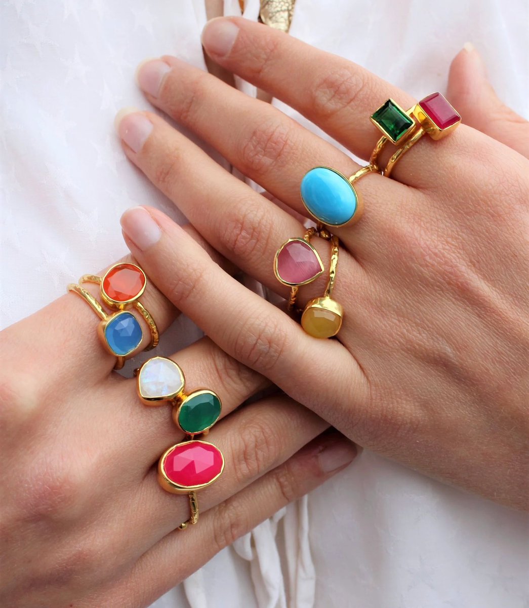 ✨ Gorgeous new in semi-precious rings ✨ 

Available in an array of vibrant colours and shapes, perfect for making a statement this summer. All handmade and on adjustable band.