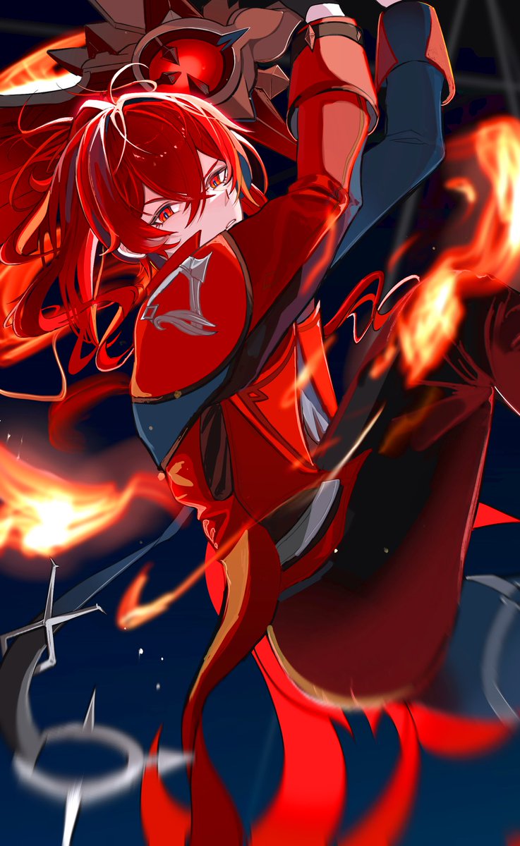diluc (genshin impact) 1boy red hair male focus red eyes weapon sword long hair  illustration images