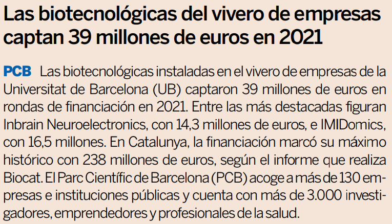 Biocat (@biocat_es) on Twitter photo 📰 Las #biotech del <a href="/PCB_UB/">Parc Científic de Barcelona</a> captan 39 M€, las más destacadas:
👉 <a href="/_inBrain/">inBrain</a> 14,3 M€
👉 <a href="/IMIDomics/">IMIDomics</a> 16,5 M€
✅ El vivero de la <a href="/UniBarcelona/">Universitat de Barcelona</a> acoge +130 entidades y 3000 profesionales.
Según el #BioRegionReport 2021, la financiación en Cataluña fue de 238 M€.
<a href="/exp_catalunya/">Expansión Catalunya</a> 📰 Las #biotech del <a href="/PCB_UB/">Parc Científic de Barcelona</a> captan 39 M€, las más destacadas:
👉 <a href="/_inBrain/">inBrain</a> 14,3 M€
👉 <a href="/IMIDomics/">IMIDomics</a> 16,5 M€
✅ El vivero de la <a href="/UniBarcelona/">Universitat de Barcelona</a> acoge +130 entidades y 3000 profesionales.
Según el #BioRegionReport 2021, la financiación en Cataluña fue de 238 M€.
<a href="/exp_catalunya/">Expansión Catalunya</a>