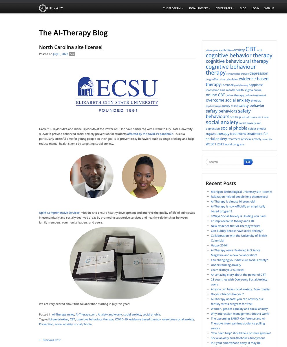 North Carolina site license! We are very excited that the students at Elizabeth City State University will get access to our Overcome Social Anxiety program this month! <a href="/drfjola/">Fjola Helgadottir PhD, R. Psych</a> <a href="/Ross_G_Menzies/">Prof. Ross Menzies</a>