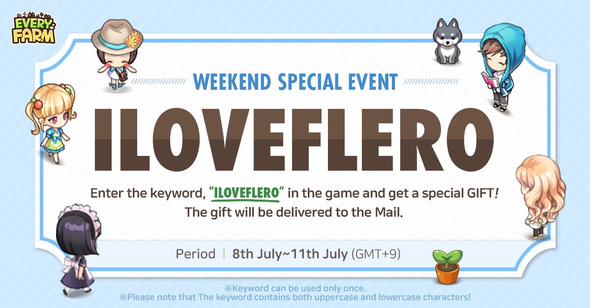 everyfarmglobal's tweet photo. 🍎WEEKEND'S SPECIAL EVENT🍎
It's time to get a lovely gift from #EveryFarm 😍
🔑Enter the keyword "ILOVEFLERO" in the game to get a special gift!

🎁GIVEAWAY for EVERYONE

💚BONUS EVENT💙
① Follow @everyfarmglobal
② RT this tweet &amp; Like
③ Win SEEDs! 5 winner!

#EVERYFARM https://t.co/1UfnP7DULj