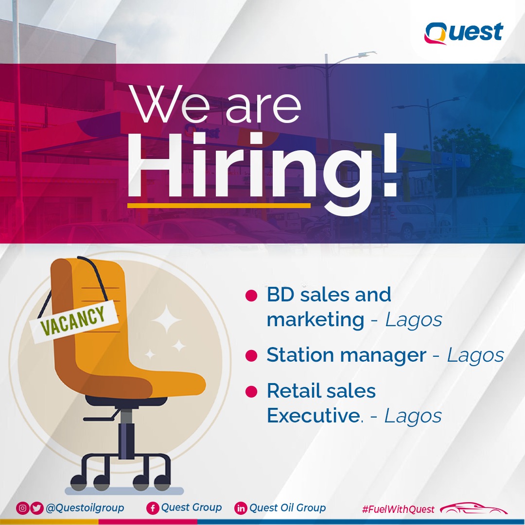 Questoilgroup's tweet photo. Here is another golden opportunity to join the Quest talent pool.

Send in your applications to recruitment@questoilgroup.com

Follow us today on our social media handles as displayed in the post below to get more info on this and other opportunities https://t.co/oknvXDplAl